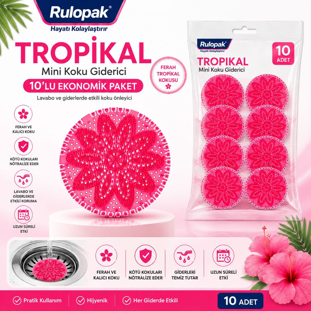 Rulopak Mini Pisuvar Süzgeci Koku Giderici 10 Adet Tropikal