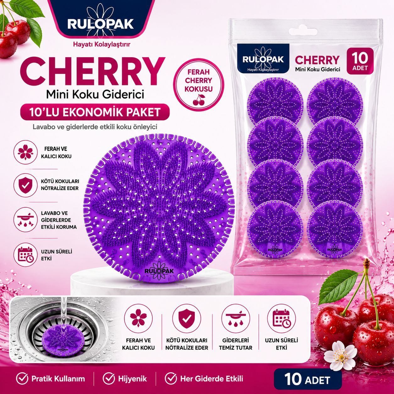 Rulopak Mini Pisuvar Süzgeci Koku Giderici 10 Adet Cherry