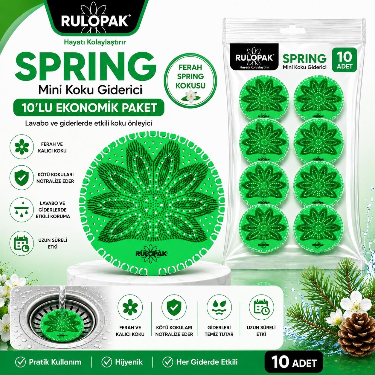 Rulopak Mini Pisuvar Süzgeci Koku Giderici 10 Adet Spring